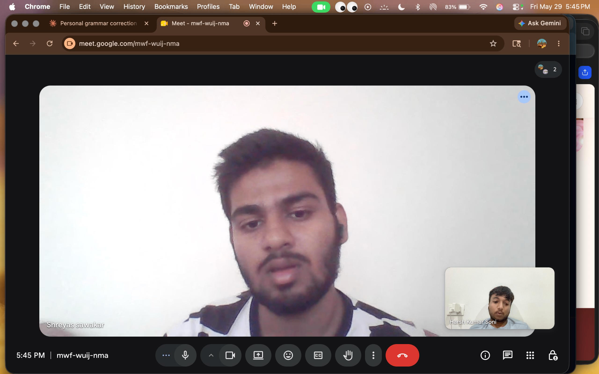 Live 1:1 Google Meet mentorship call with Harsh Kumar Soni and student Shreyas